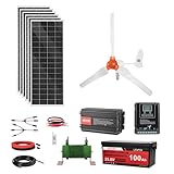 VEVOR 24V 1000W Solar Wind Power Kit, 6*100W Solar Panel + 400W Wind Turbine + 25.6V 100Ah LiFePO4 Battery + 3000W Power Inverter + MPPT Wind/Solar Hybrid Controller for Home Boat Cabin Farm Off-Grid