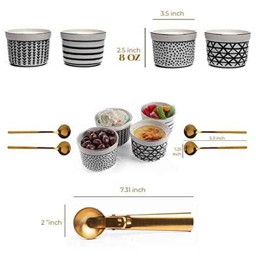 Monarca Ramekins 8 Oz Oven Safe, Ceramic Bowls Set Of 4 With Ice Cream Scoop With Stainless Steel Trigger And 4 Teaspoon, Creme Brulee Ramekins, Pudding Cups, Porcelain Casserole, Serving Or Soufflé #TOP2