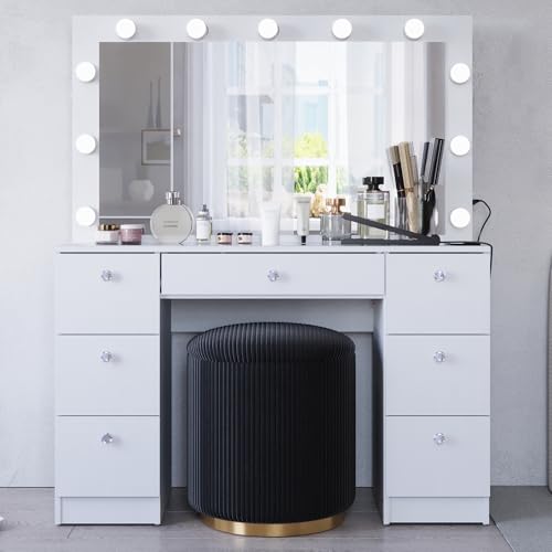 Boahaus Yara - Glass Top Large Vanity Desk w/Hollywood Mirror Lights, 7 Drawers, Crystal Knobs, USB Type-C & Type-A, Power Outlet, Stylish Makeup Table w/Mirror for Women, Teens, Bedrooms – White