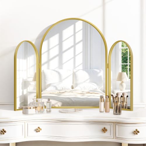 GLASHOM Trifold Vanity Mirror Gold Frame