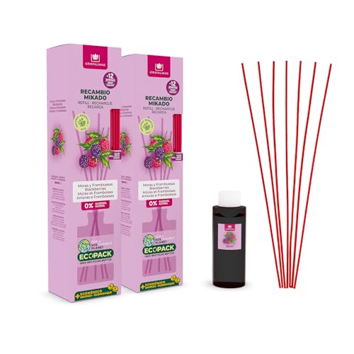 CRISTALINAS | Pack 2 Recambio Ambientador Hogar Mikado + Cañas | Aroma Moras y Frambuesas | Ideal para casa y oficina | 100% Puro | Larga Duración 12 Semanas | 2x85ml | 0% Alcohol