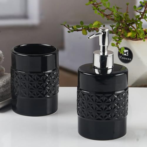 Image of Kookee Ceramic Bathroom Set - Stylish 2 Piece Bath Accessories Kit with Soap Dispenser, Toothbrush Holder - Modern & Designer Decor for Home & Guest Bathrooms, Black (11109)
