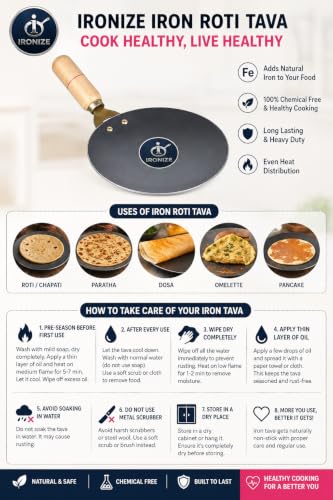 Image of IRONIZE Pure Iron Roti Tawa with Wooden Handle| 1kg | Heavy Duty Chemical-Free Iron Cookware | Even Heat Distribution | Ideal for Roti, Chapati, Paratha, Dosa & Omelette | Available in 1kg to 2kg