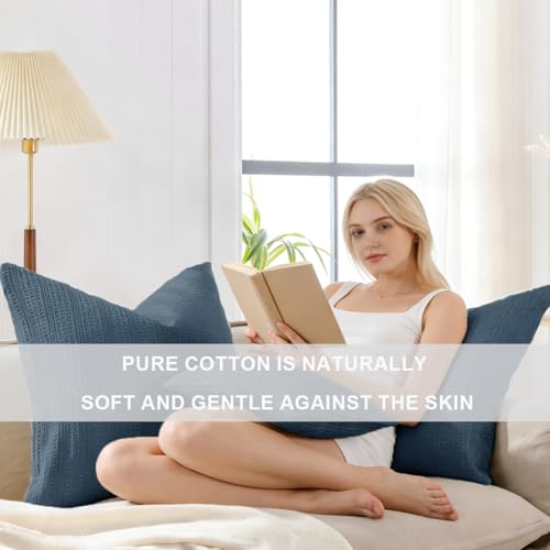 Image of 18x18 Throw Pillow Covers Set of 2 Boho Decorative Pillow Shams Stone Washed Cotton Pillowcase Waffle Square for Couch Sofa Chair Bed Car, Blue Grey