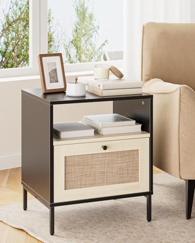 Image of Nightstand Rattan Night Stand,Large Modern Side Table Boho Farmhouse Wood Bedside Table with Storage Drawer and Open Shelf,Large End Side Table for Bedroom,Living Room,Office(Black)