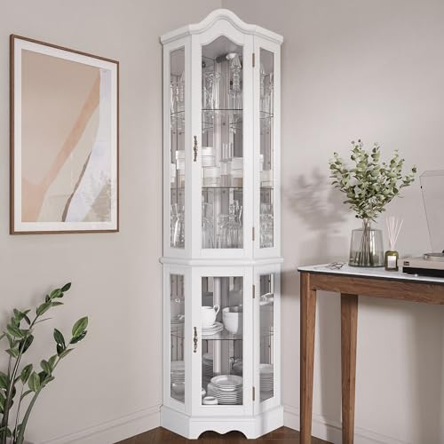 Image of BELLEZE Lighted 3-Side Glass Display Curio Cabinet w / Tempered Glass Doors and Shelves, Curved Wood Corner Cabinet with Bulb, Corner Storage Rack (White)