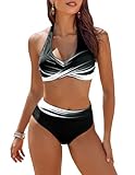 AI'MAGE Women's High Waisted Bikini Sets Tummy Control Swimsuits 2026 Two Piece Bathing Suits Color Block Halter Swim Suits, Abstract Black, L