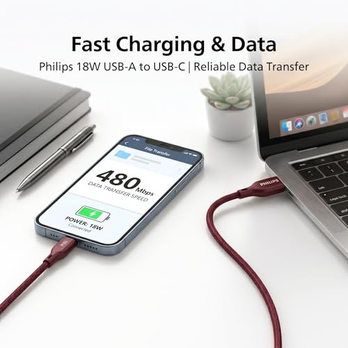 Image of PHILIPS DLC4130AI /94 18W Type-A to Type-C Fast Charging Cable (1m, Iron Red) | Nylon Braided | Compatible with iPhone 15+ Series, USB-C iPad Models, Samsung Galaxy & All Type C Devices