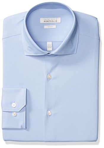 Perry Ellis Men's Slim Fit Spread Collar Performance Dress Shirt, Light Blue Solid, 15 32/33