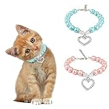 Stock Show 2Pcs/Pack Pet Pearl Necklace with Love Heart Pendant Dog Cat Fancy Princess Style Blingbling Jewelry Rhinestones Collar for Small Pets Cats Puppy Valentines Day Collar, Pink&Blue