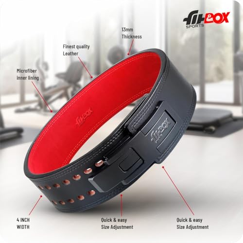 Image of FitBox Sports Pro Lever Weightlifting & Powerlifting Belt - Leather Gym Belt for Heavy Lifting, Squats, Deadlifts - Strong Back Support & Double | Men & Women L /XL (Black)