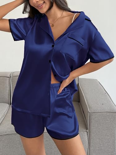 Image of Ekouaer Womens Satin Pajamas Set 2 piece Silky Buttton Down Short Pjs | Silk Notch Collar Top and Soft Shorts Lounge Set for Sleep, Daily Wear, Home, Wedding, Party
