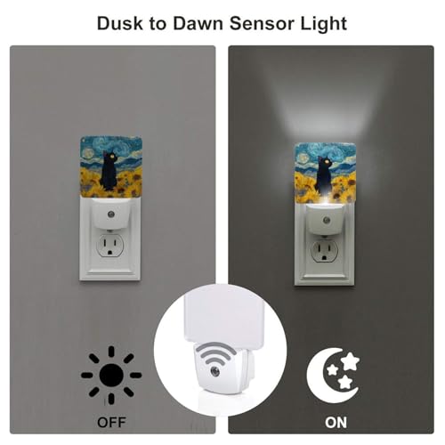 Image of Black Cat Night Light Set of 2, Retro Sunflowers Auto Sensor LED Dusk-to-Dawn Nightlights, Plug-in Sensor Lamp for Bedroom Bathroom Kitchen Hallway Stairs Decorative