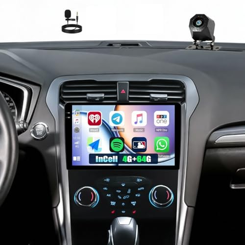 CAMECHO 4G+64G Car Radio for Ford Fusion 2013 2014 2015 2016 with Wireless CarPlay Android Auto 9 Inch 1280 * 720 in-Cell Touch Screen Car Stereo Android 15 GPS WiFi Bluetooth FM Backup Camera