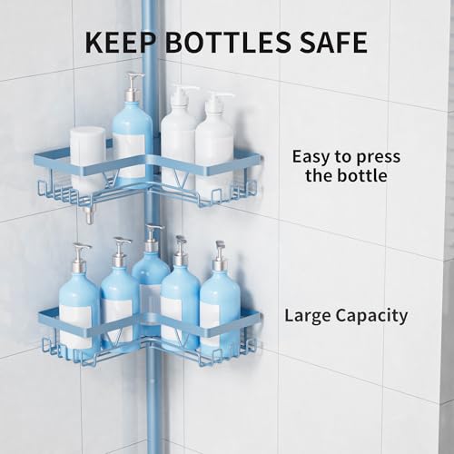 Image of KEGII Shower Caddy Tension Pole, 4-Tier Rustproof Adjustable Corner Bathroom Organizer for Renters, 25-114.2 Inch No Drill Space-Saving Shower Storage Rack, Blue
