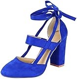  Minetom Damen Einfache Knöchel Riemchen Sandalen Schnüren Sich High Heels Party Chunky Pumps Stiefel Sandaletten Blau EU 37