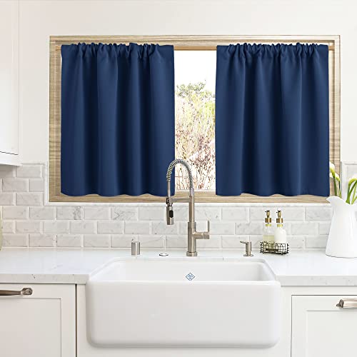 RYB HOME Blackout Curtains for Kitchen, Over Sink Privacy Curtains Window Decor, Thermal Insulating Drapes for Bathroom Cafe Bedroom Small Window, W 42 x L 24 inch, Navy Blue, 2 Panels