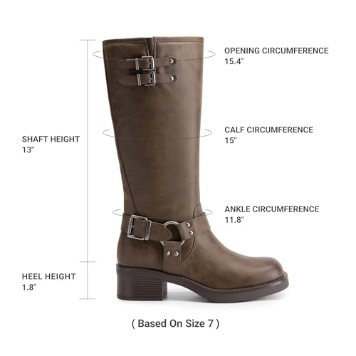 DREAM PAIRS Women's Knee High Boots Side Zipper Motorcycle Boots Square Toe Chunky Low Heel Fashion Buckles Biker Riding Boots,Size 10,Brown-Nubuck,SDKB2412W