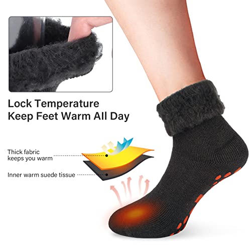 Novayard 3 Pairs Non Slip Thermal Socks Hospital Slipper Crew Grip Cozy Wool Socks Men Women(Black+Grey，Large) #TOP3
