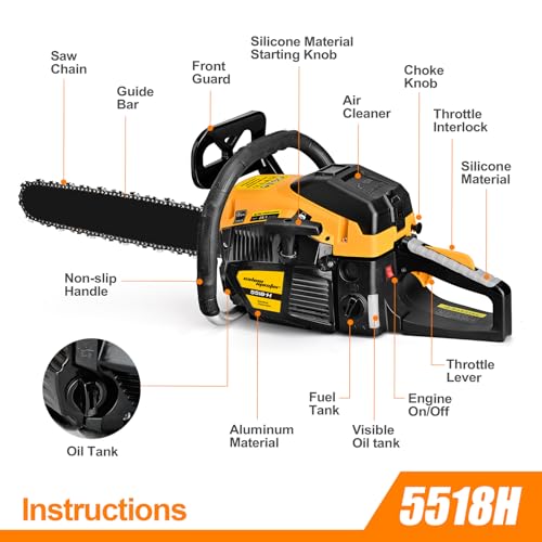 Gas Chainsaw 20 Inch 62CC Gas Powered Chainsaws 3.4HP 2 Stroke Engine Gas Power Chain Saw for Cutting Wood Outdoor Garden Farm Home