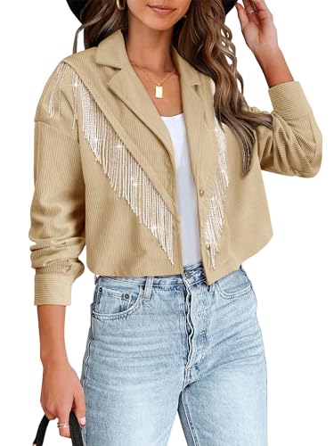 Nlife Women Crop Fringe Corduroy Shacket Sparkly Western Jacket Shirt Tassel Nashville Concert Cowgirl Festival Outfits