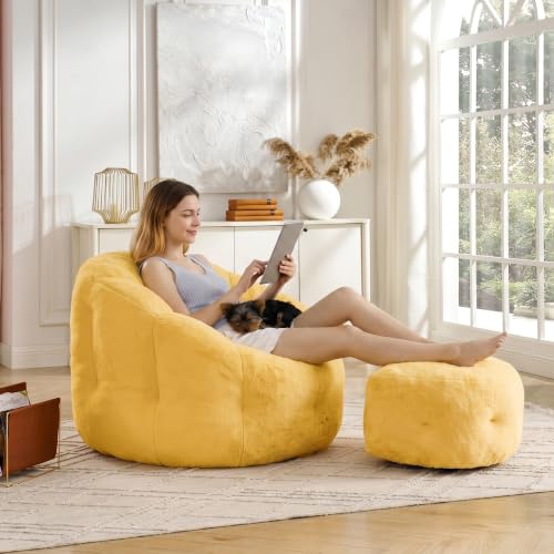 Mofolit 46' Oversized Flower Bean Bag Chair with Ottoman for Adults,Large Cozy Beanbag Chair with Artificial Rabbit Fur Fabric,Boneless Sofa for Living Room,Reading Room and Apartment.(Yellow)