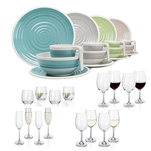 Melamin Camping Geschirr Set 4 Personen Harmonie 16 Teilig + 16 Gläser Wasser Weingläser Champagner Tafelgeschirr Picknick BBQ Kochgeschirr