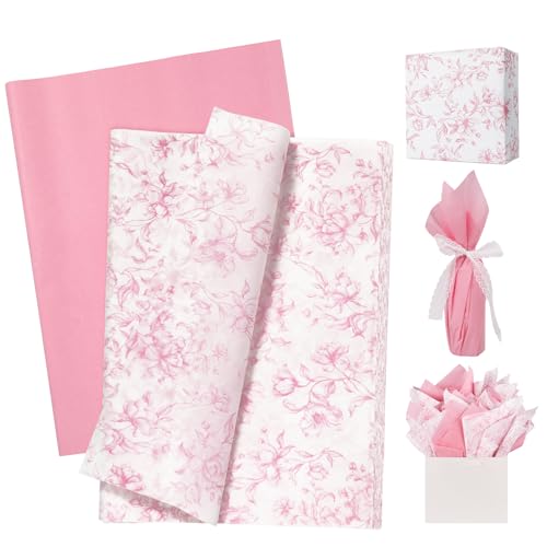 UNIQOOO 120 Sheets Mix Pink Floral Tissue Paper, Gift Wrapping Paper for Wedding, DIY Craft Tissue for Birthday Party Decoration Packaging, 20 x 14 Inch