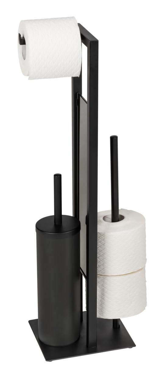WENKO Stand WC-Garnitur Mod. Rivalta geschlossene Toilettenbürstenhalter Kombination aus matt lackiertem Stahl und Sicherheitsglas mit Toilettenpapier- und Ersatzrollenhalter Schwarz 18 x 70 x 23 cm