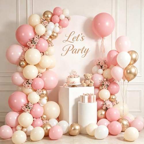 Image of Zesliwy Pink White Sand Gold Balloons Arch Kit, Latex, Party Decorations