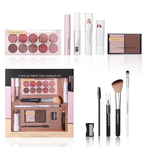 All in one Makeup Set - Cosmetic Make Up Starter Kit with Eyeshadow Palette, Mascara, Lipstick,Eyeliner Pencil - Make up Full Kit for Teenager Girls,Make-up Set for Women, with 3PCS Brushes