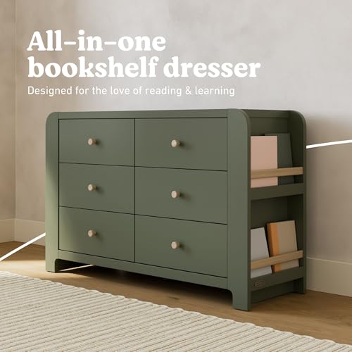 Image of Graco Read-with-Me 6 Drawer Dresser with Bookshelves (Olive with Driftwood) - GREENGUARD Gold Certified Storage for Baby and Kids Room, Interlocking Drawer System