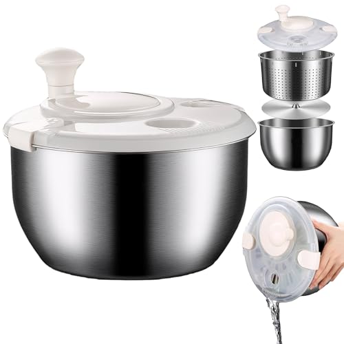 2 in 1 Large Salad Spinner : 6L Stainless Steel Lettuce Spinner with Washing Basket,Bowl and Drain,Fruit Washer Spinner Bowl for Home and Kitchen Use,Pasta Chips Vegetable Spinner