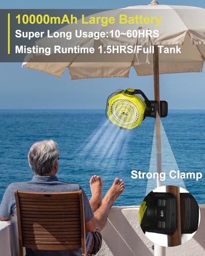 Image of Portable Rechargeable Misting Fan with 12oz Mist, Battery Life Display, Remote, Timer, Light, 5 Speeds, 9-Inch, 10000mAh 60H Battery Powered Clip Fan for Stroller, Travel, Outdoor, Poweroutage