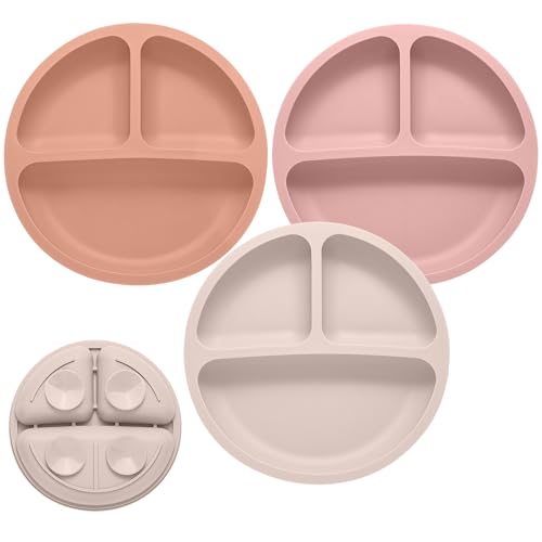 Image of Eascrozn Toddler Plates, 3 Pack Divided Suction Plates for Baby, Food Grade Silicone Baby Plates, BPA Free, Non-slip, Baby Led Weaning Supplies, Microwave & Dishwasher Safe