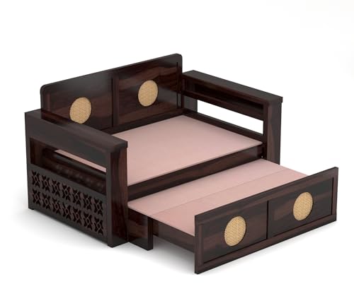 Image of Solid Sheesham Wood Two Seater Sofa Cums Bed with Cane Design Panels | 2-in-1 Wooden Daybed with Cushion & Storage Drawers (Walnut Finish)