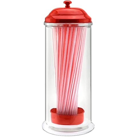 Straw Dispenser with Stainless Steel Lid | Glass Red Straw Holder for Counter with Lid | Drinking Straw Dispensers | Straw Container | Holds Straws up to 8.5 Inches, Red Cover