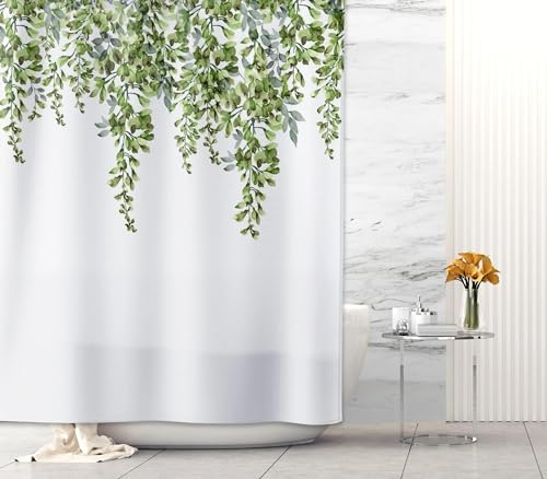 Rideau de douche feuilles vertes en polyester durable avec 12 anneaux