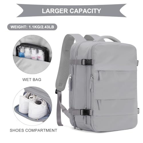 Image of coowoz Large Travel Backpack For Women Men, Carry On Backpack,Hiking Backpack Waterproof Outdoor Sports Rucksack Casual Daypack Expandable Heavy Duty Extra large Backpack Grey Expansion