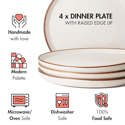 Image of Ceramic Dinner Plates, 4 Pcs | Rim Plate for Easy Eating | Microwave, Oven, Dishwasher Safe | Set of 4 Ceramic Plates for Dinner | Handmade | (Vanilla Biscuit, Set of 4 Dinner Plates)