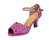  Honeystore Neuheiten Frauen\'s Satin Strass Heels Absatzschuhe Moderne Latein-Schuhe mit Knöchelriemen Tanzschuhe LD065 Fuchsie 33 CN