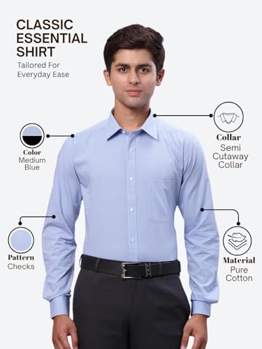 Image of Raymond Men Slim Fit Checks Pattern Pure Cotton Semi Cutaway Collar Full Sleeve Formal Shirt