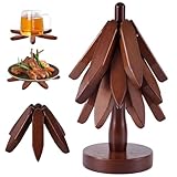 Lot de 3 Dessous de Plat en Bois de Sapelli + 1 Support de Rangement Arbre de Noël - Pour Plats Chauds, Casseroles, Poêles et Théière - Protection de Table et Décoration Rustique