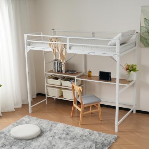ホワイト パイプロフトベッド 収納棚付き ホワイト ロフトベッド パイプベッド デスク付き ラック棚付き