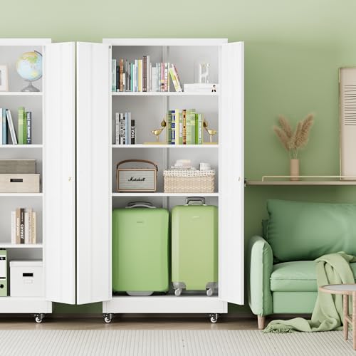 Image of INTERGREAT Metal Storage Cabinet with Wheels, 73 inch H Rolling Metal Cabinets with Doors and Shelves, White Steel Lockable Cabinet on Wheels for Garage Storage