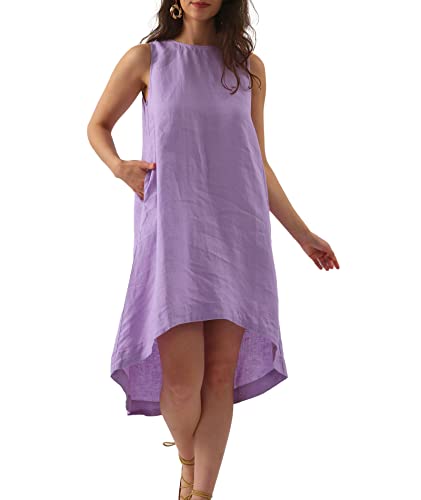 Image of Amazhiyu Women's 100% Linen High Low Midi Dress with Pocket | Summer Casual Flowy Dresses, Sleeveless Crewneck Dresses, Solid Color