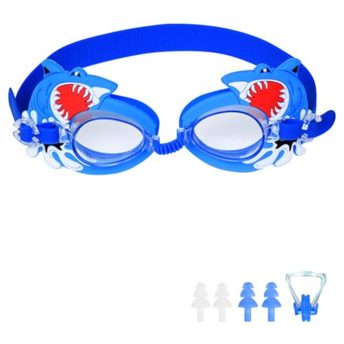 Image of PROBEROS Kids Swimming Goggles - Anti-Fog UV Protection, Adjustable Silicone Seal for Leak-Free Fit, Cartoon Shark Design with Free Ear Plugs & Case (6-12 Years)