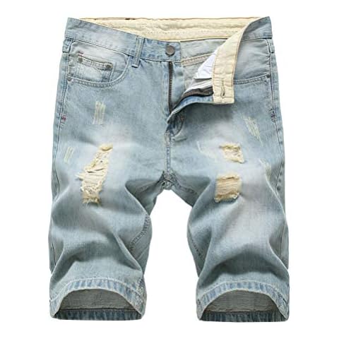 Lavnis Men's Casual Denim Shorts Classic Fit Distressed Summer Fashion Ripped Short Jeans Light Blue 36 Cover