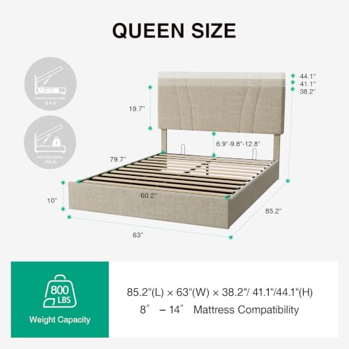 Image of Novilla Queen Lift Up Storage Bed Frame /Charging Station /LED Light, Beige