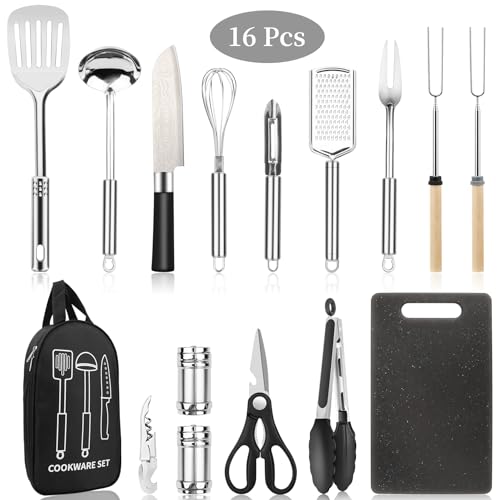 Camping Cooking Utensils Set, Stainless Steel Grill Tools, Camping BBQ Cookware Gear and Equipment for Travel Tenting RV Van Picnic Portable Kitchen Essentials Accessories (Black-16 PCS)
